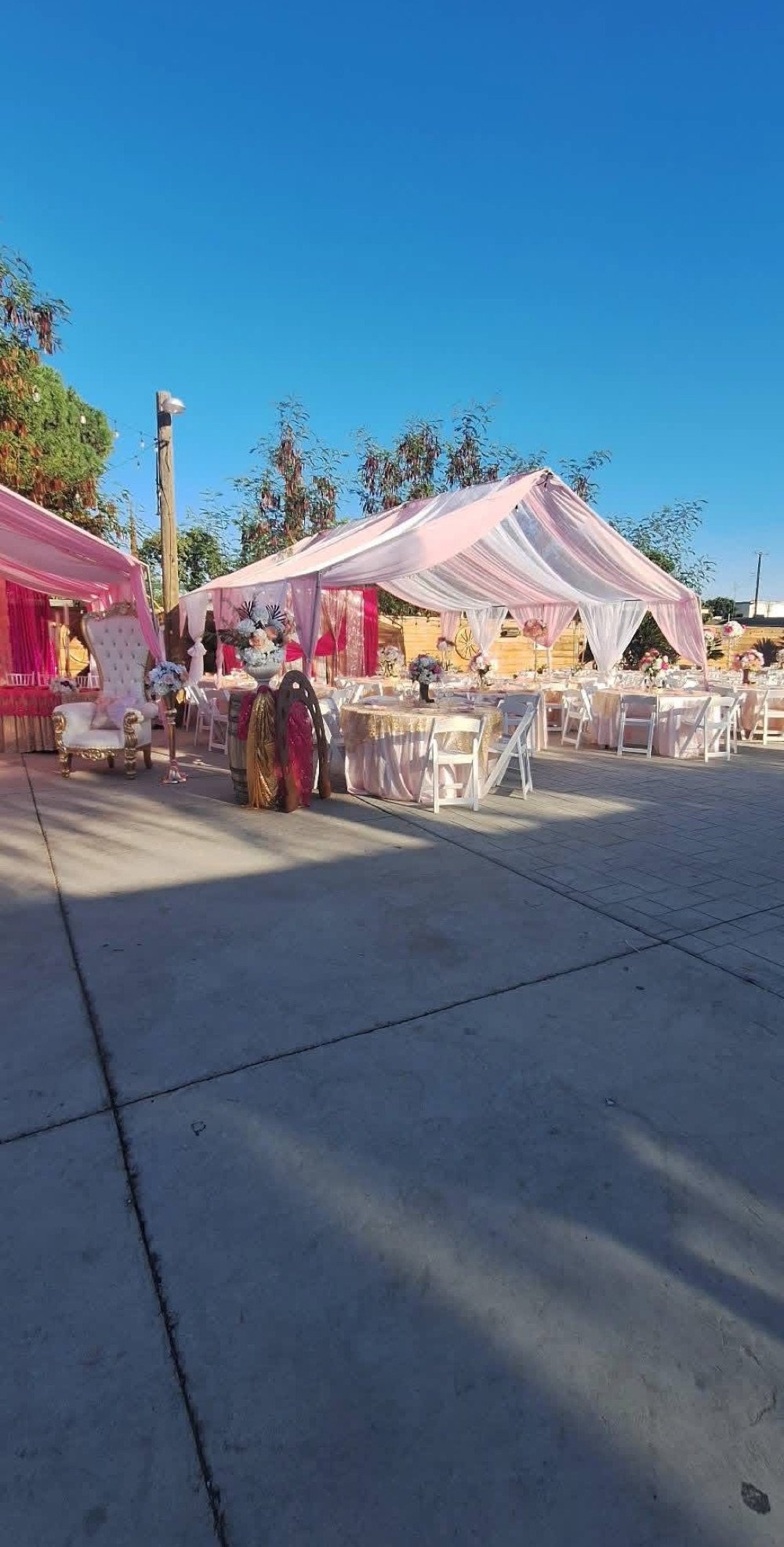 Recepción al aire libre con carpa rosa y trono dorado